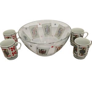 Vintage Playing Card Punch Bowl Set 4 Mugs Pedestal King Queen Jack Clubs Hearts